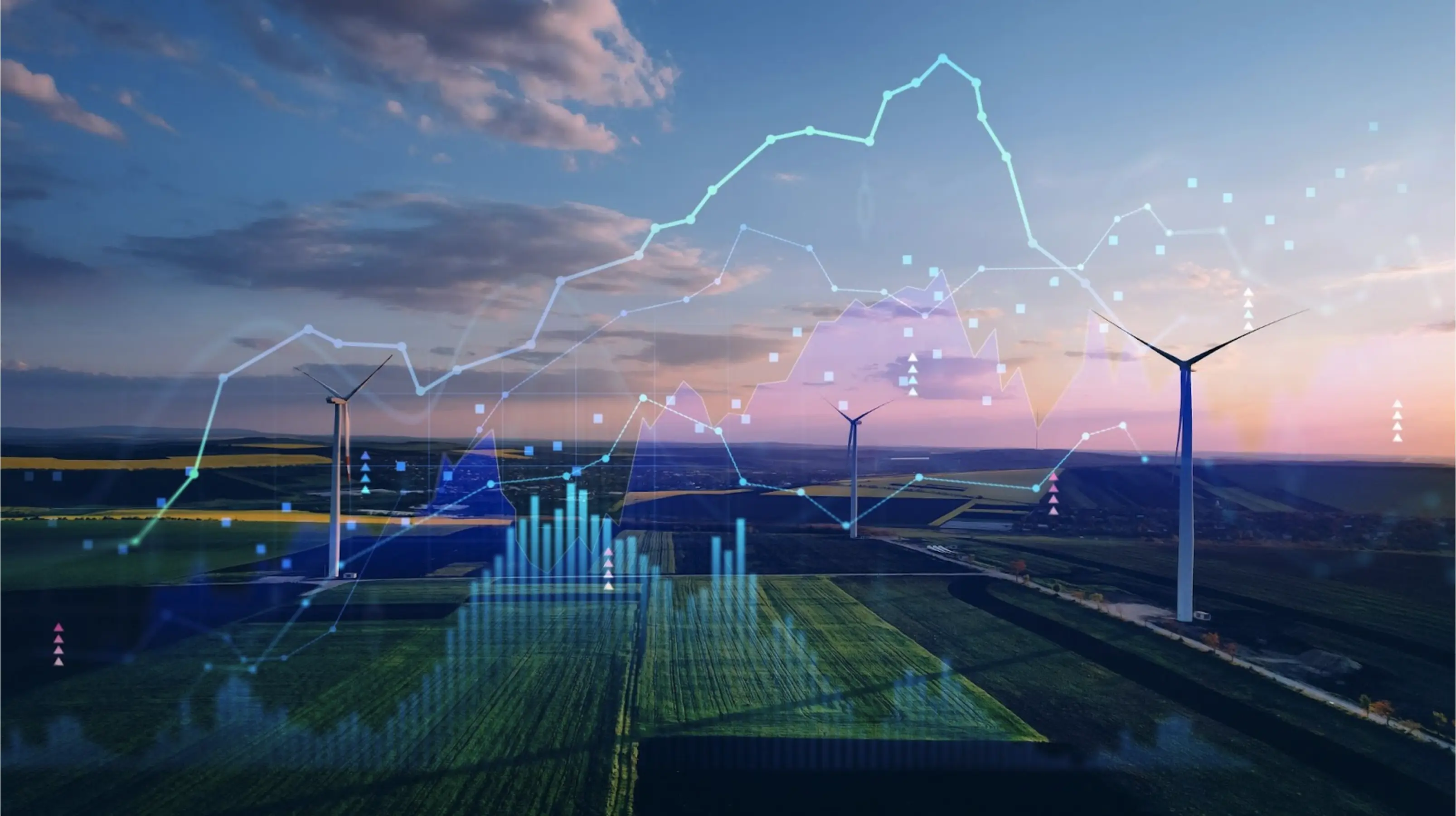 Wind turbines on a field with charts overlaid